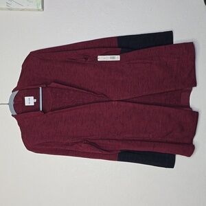 NIC+ZOE Maroon Open-Front Cardigan with Black Sleeve Panels